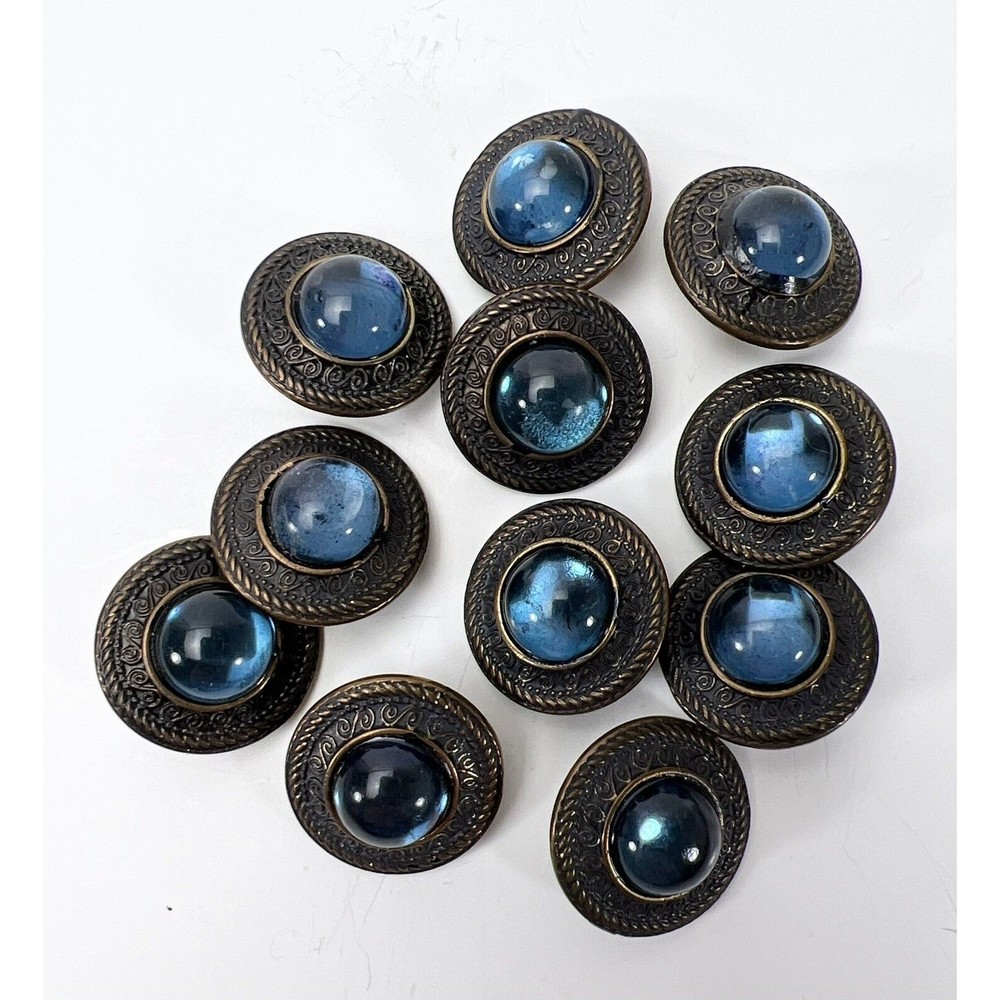 Lot of 11 Vintage Buttons Blue Brown Filigree Cabachon MCM Retro
